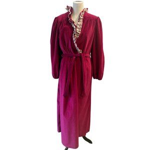 Vintage Say-Lu Raspberry Pink Velvet Lace Ruffle Long Robe Large Belt Pocket USA
